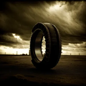 Sunset Wheel: Tranquil Tire Rolls Across Heavenly Landscape