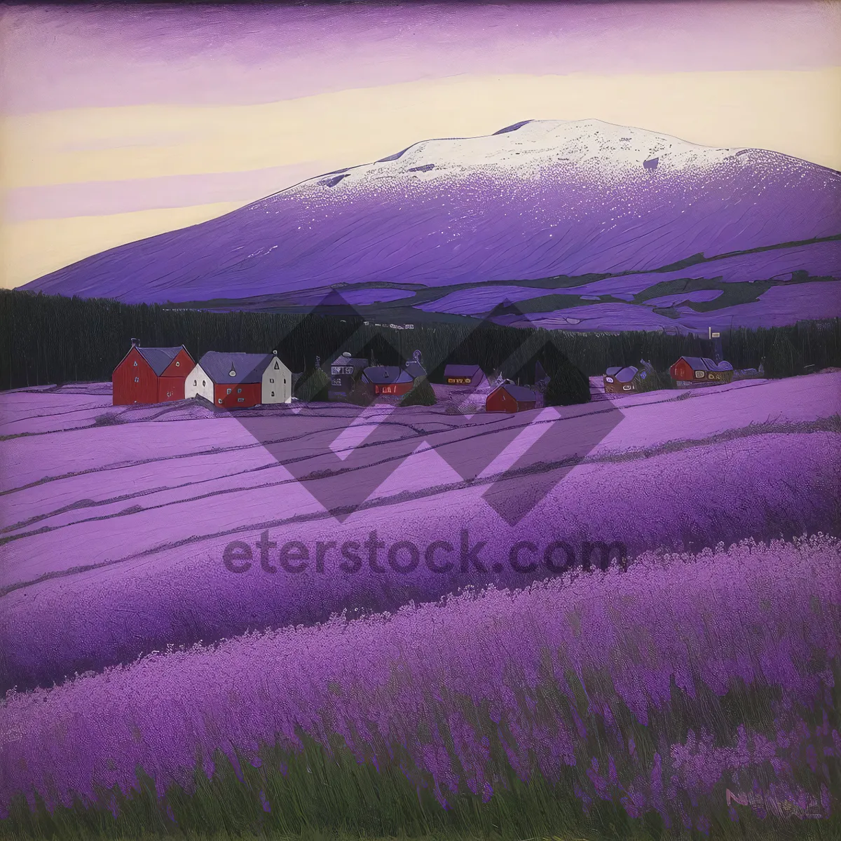 Picture of Serene Lavender Meadow Underneath Majestic Mountains