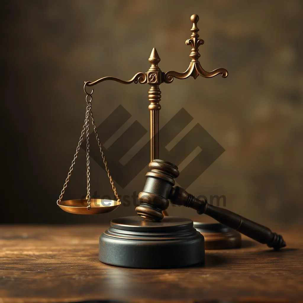 Picture of Gold justice scale with symbol of law statue.