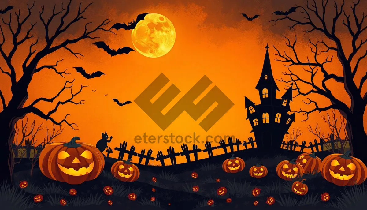 Picture of Silhouette Moon Over Pumpkin Cemetery: Halloween Card Design