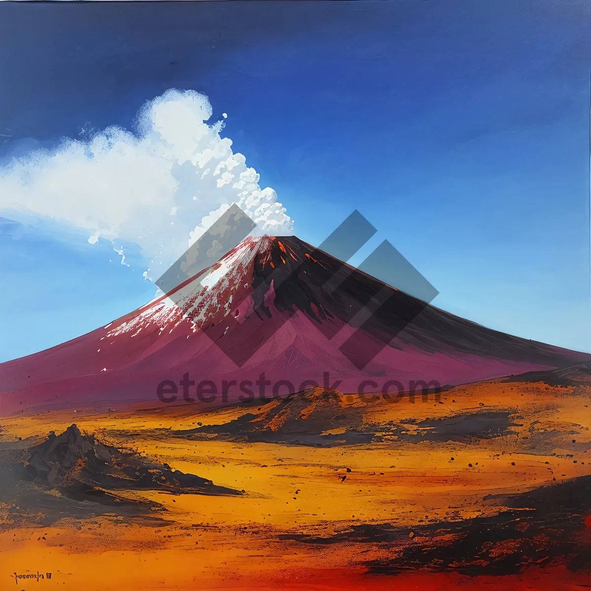 Picture of Skybound Snowy Volcano Peaks Over Serene Mountain Lake