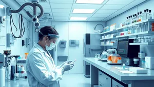 Happy male doctor in white lab coat smiling.