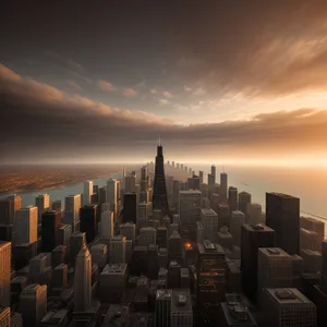 Urban Skyline at Sunset: Modern Cityscape with Towering Skyscrapers