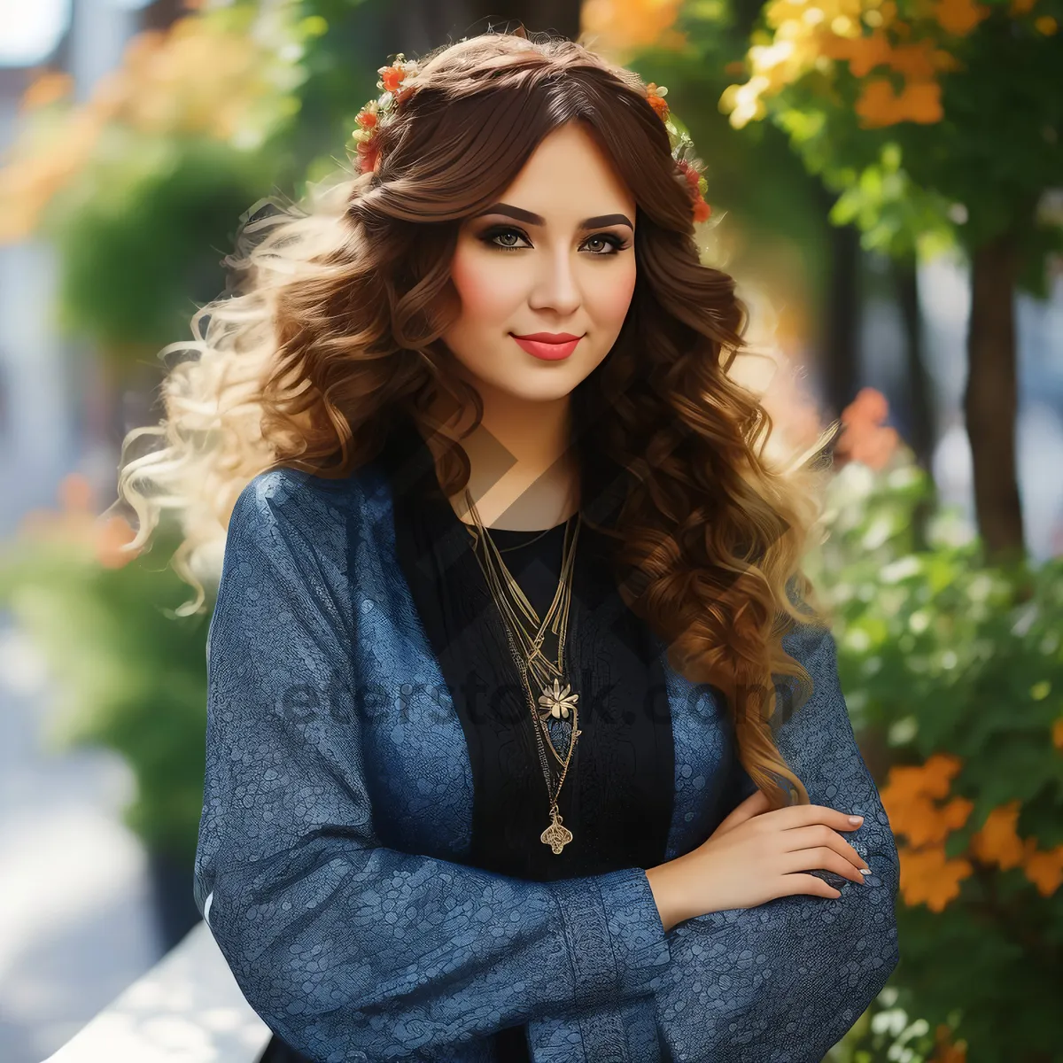 Picture of Fashion model with stunning smile in park.