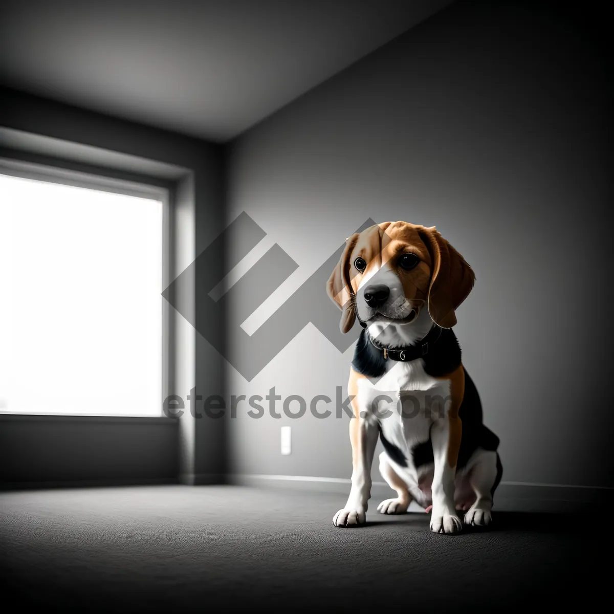 Picture of Adorable Beagle Puppy Sitting with Brown Collar