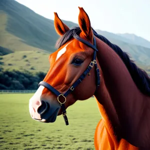 Majestic Brown Thoroughbred Horse Grazing in Countryside