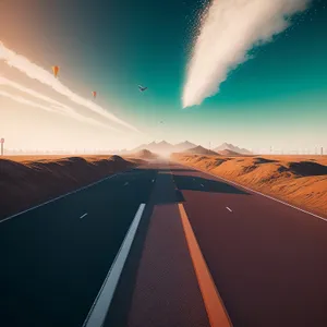 Jet flying over a scenic desert highway