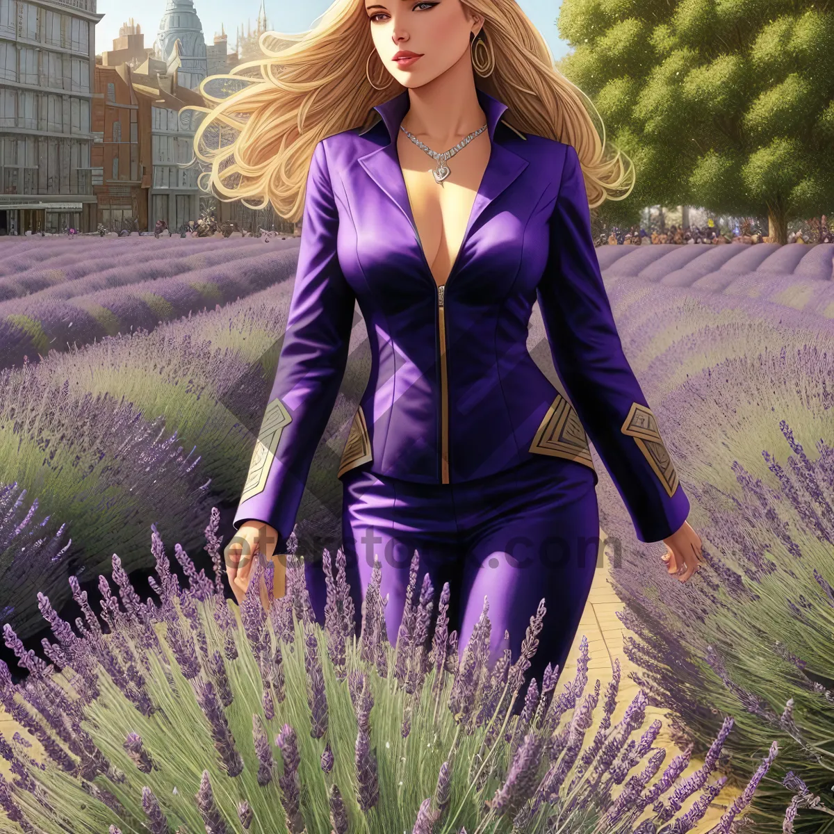 Picture of Smiling Lady in Lavender Meadow, Enjoying Summer Outdoors