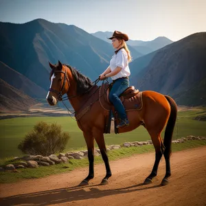 Rustic Cowboy on Horseback Riding in Grass Field