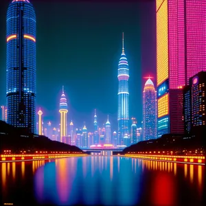Twilight Metropolis: Illuminated Urban Skyline by the River