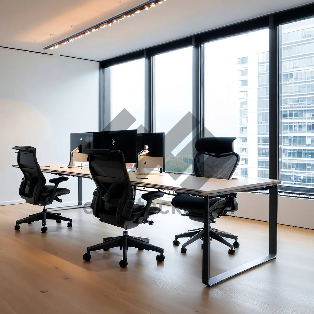 Picture of Modern luxury office interior with wooden furniture and lamp