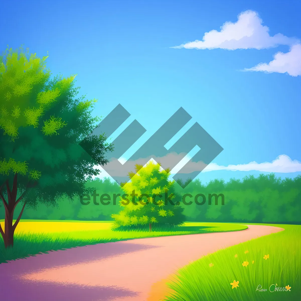 Picture of Vibrant countryside meadow under clear blue skies.