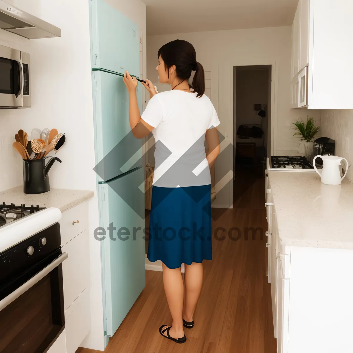 Picture of Modern luxury kitchen with white appliances and furniture.