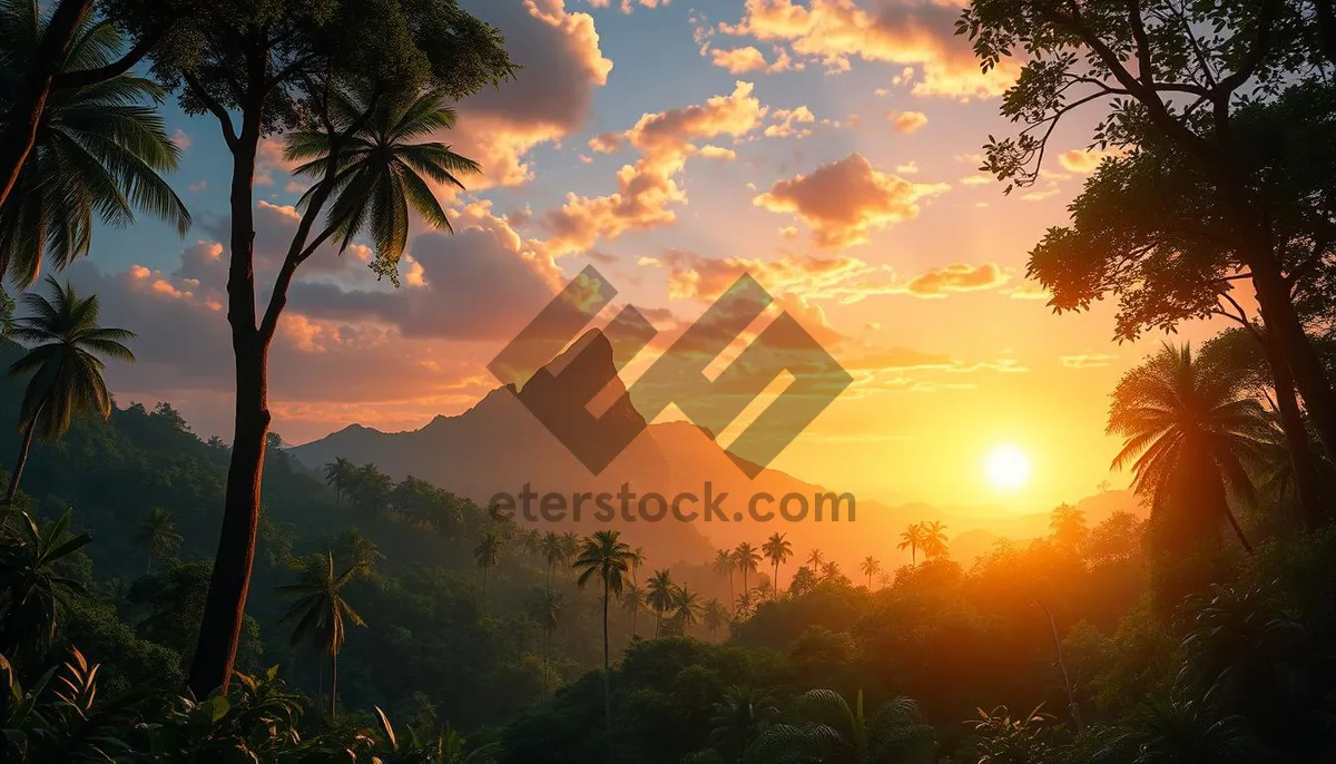 Picture of Sunset silhouette over tropical beach with palm trees.