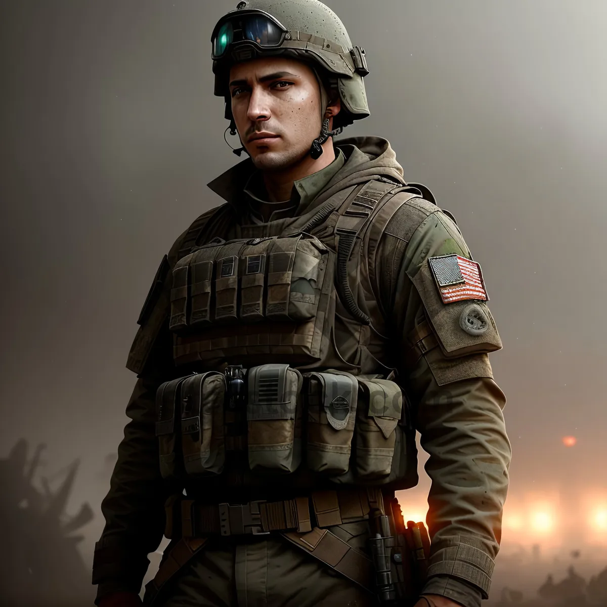 Picture of Soldier in Protective Military Uniform with Helmet and Bulletproof Vest