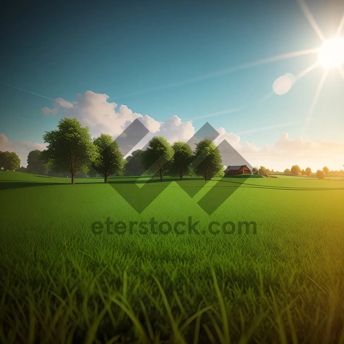 Picture of Sunny Rural Landscape with Rolling Meadows and Clear Sky