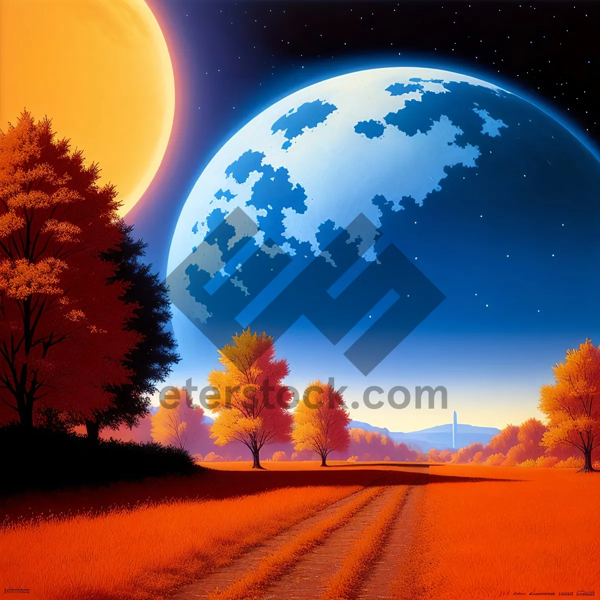 Picture of Vibrant celestial landscape with sun, moon, and clouds.