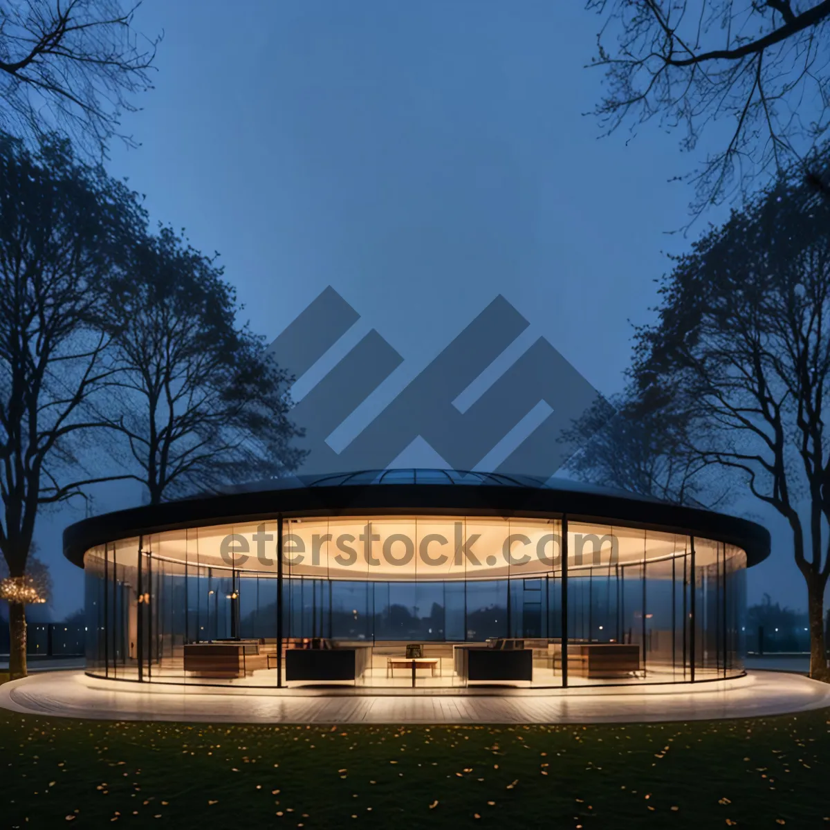 Picture of Boathouse by the Water amid Lush Trees and Sky