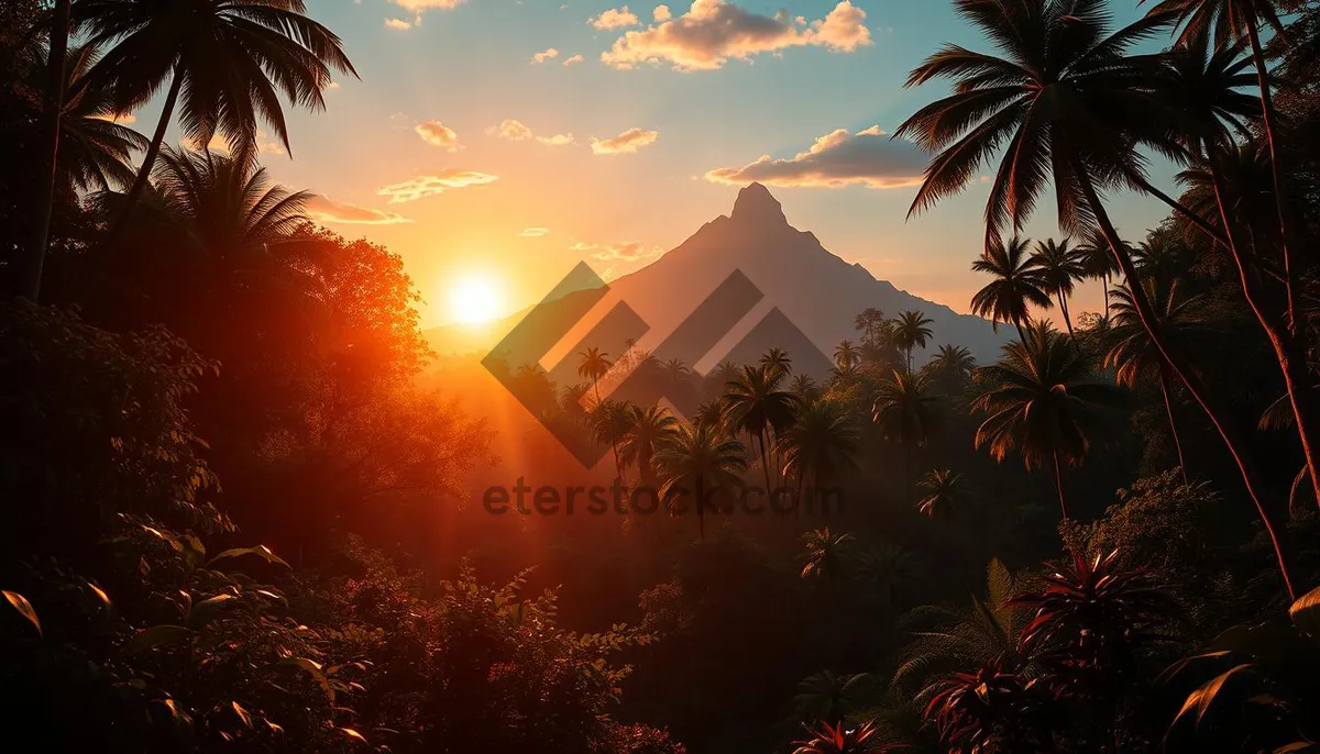 Picture of Orange sunset silhouette over tropical beach palm trees.