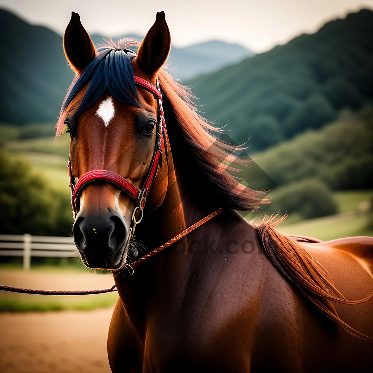 Picture of Beautiful Brown Stallion Grazing in Meadow