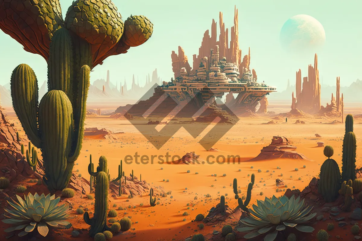 Picture of Temple landscape with ancient cactus in the sky