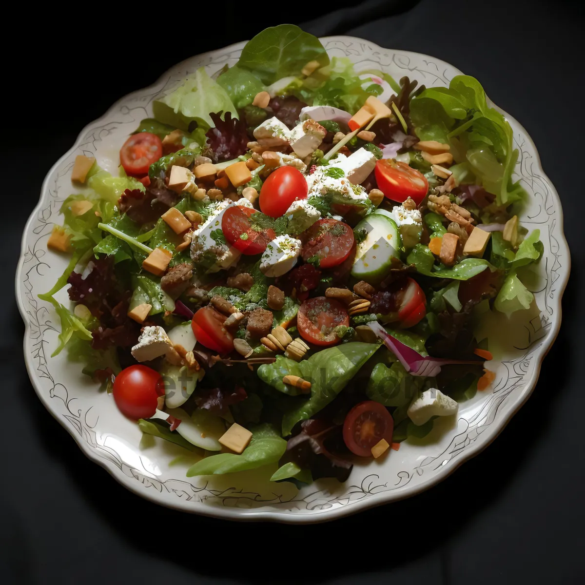 Picture of Delicious grilled chicken salad with kidney beans and tomatoes.