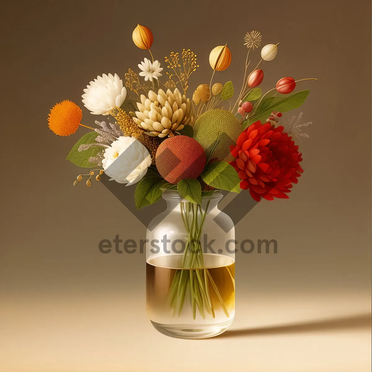 Picture of Yellow floral bouquet in glass vase centerpiece.