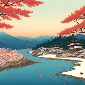 Idyllic Lakeside Sunset: Tranquil waters, serene sky, and breathtaking mountains