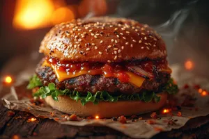 Gourmet grilled cheeseburger with fresh salad meal