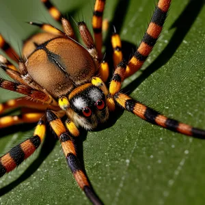 Close-up Capture of Black and Gold Garden Spider on Leaf