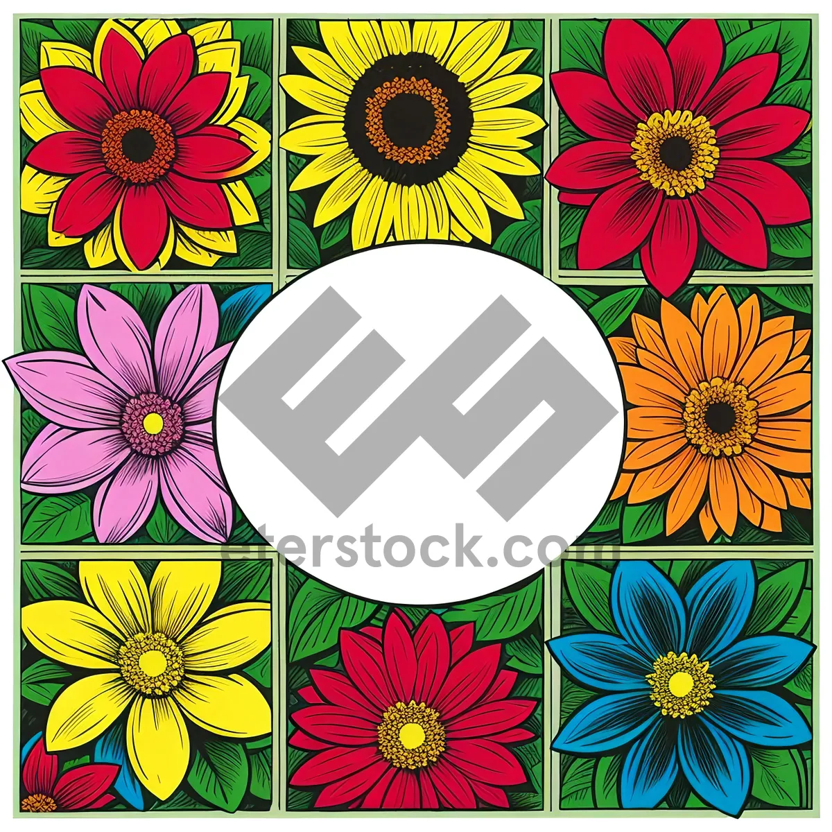 Picture of Colorful Retro Floral Pattern Design with Pink Flowers