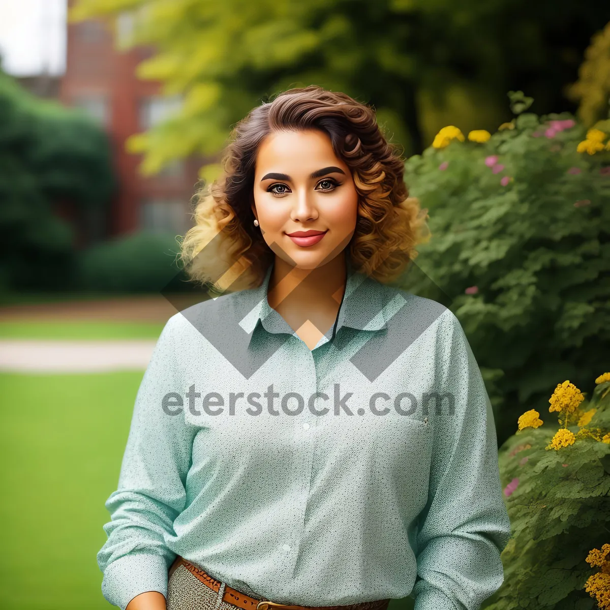 Picture of Smiling brunette lady enjoying summer in the park.