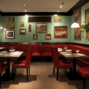 Modern interior design of luxury restaurant with wooden furniture