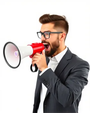 Attractive professional man smiling, holding acoustic device