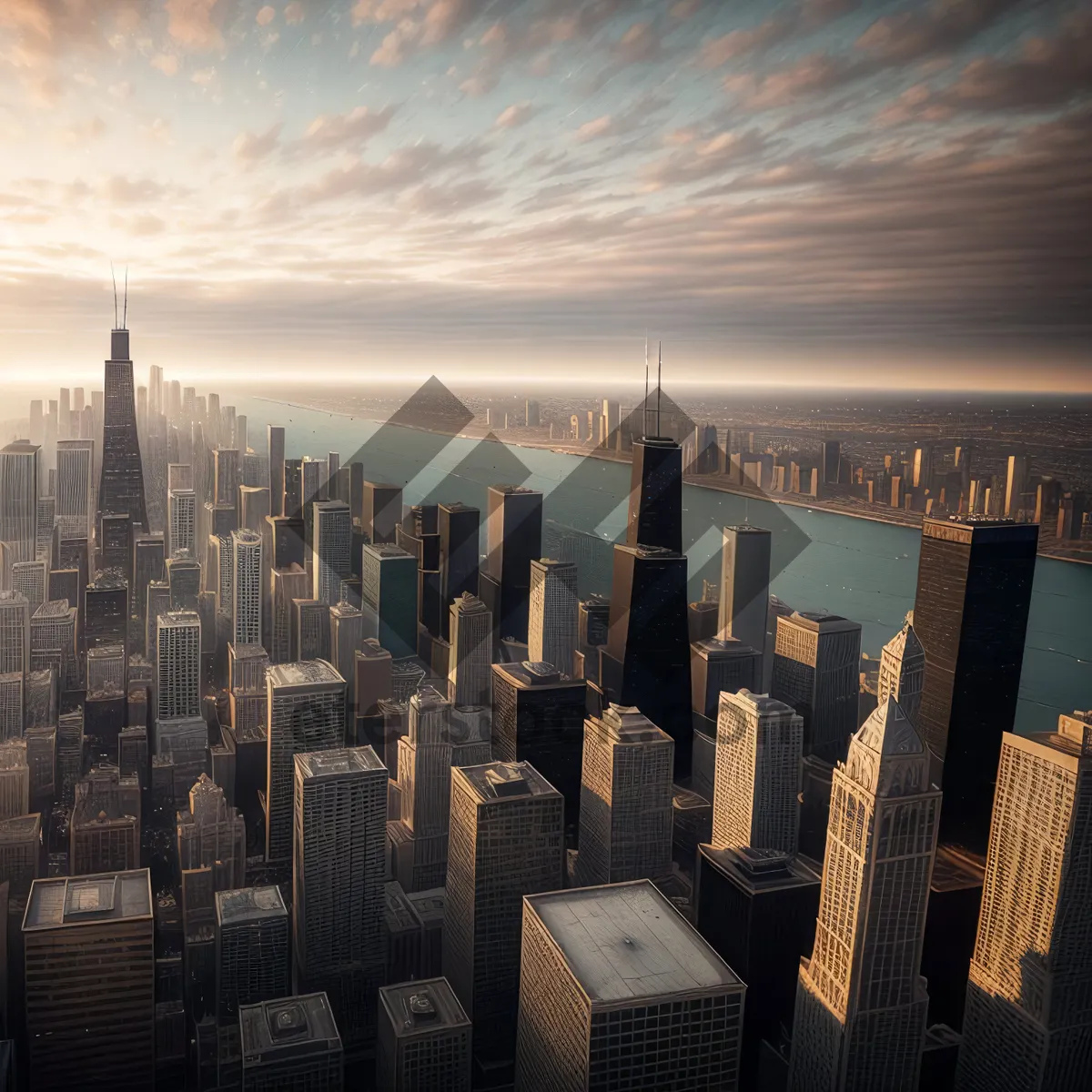 Picture of Modern city skyline at sunset with skyscrapers