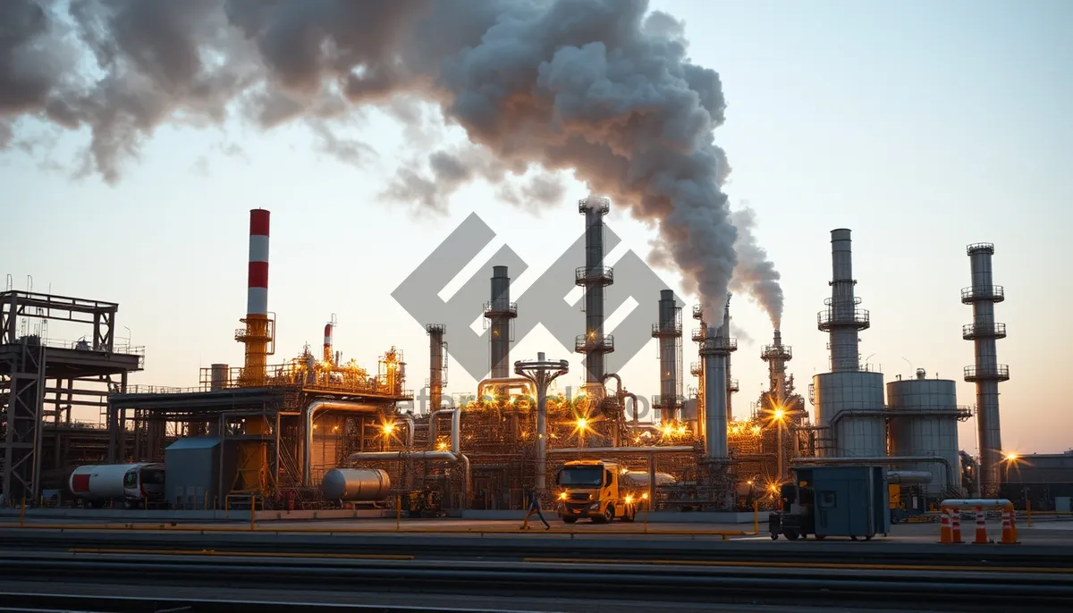 Picture of Night skyline of industrial city with smoking chimney