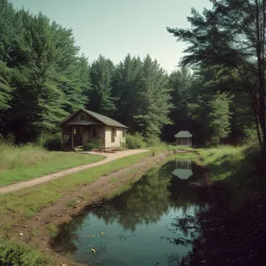 Serene Reflections: Lake and Boathouse Amidst Lush Forest