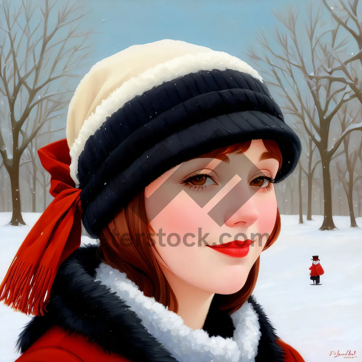 Picture of Smiling brunette with stylish winter hat and scarf