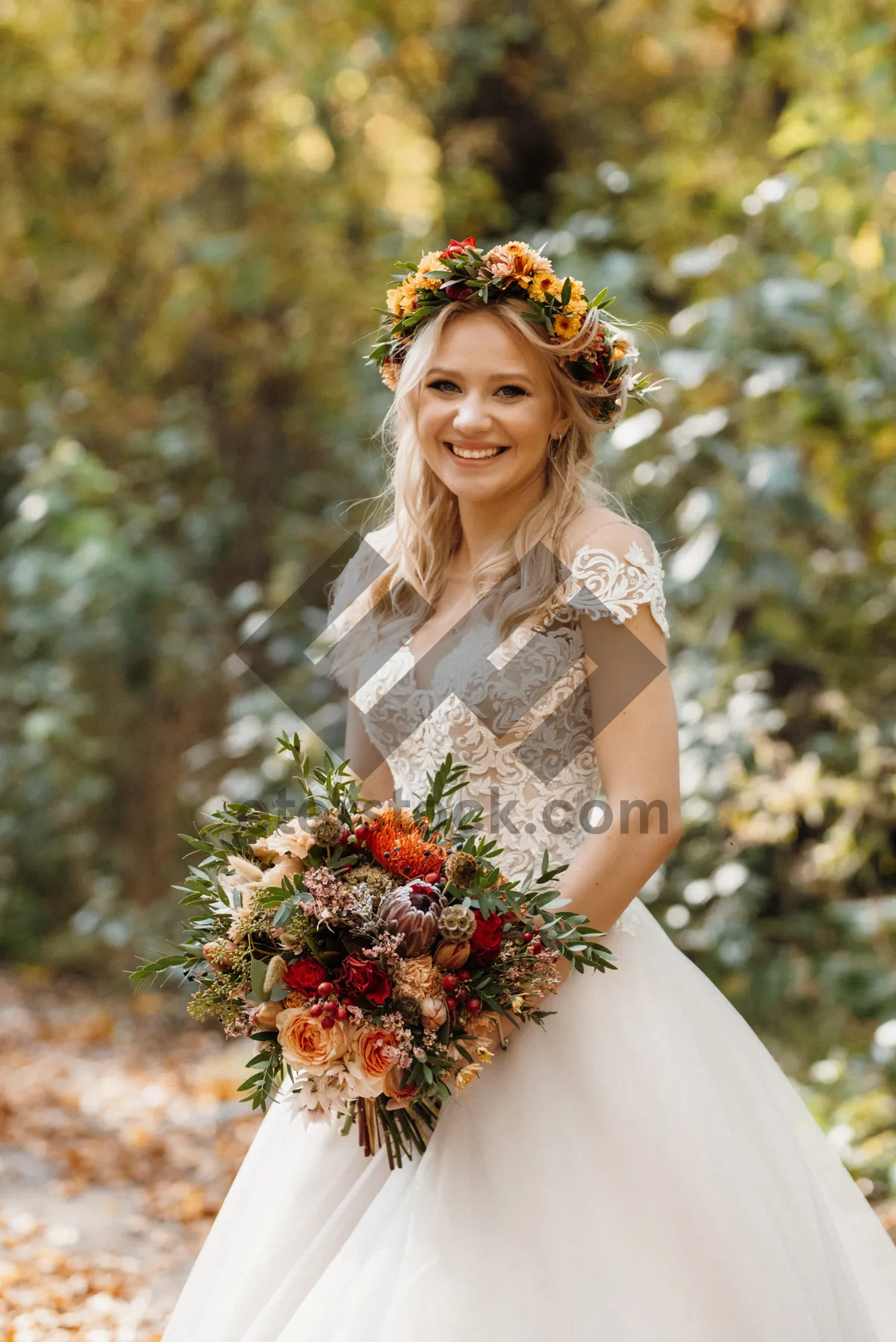 Picture of Fashion bride smiling in outdoor wedding.