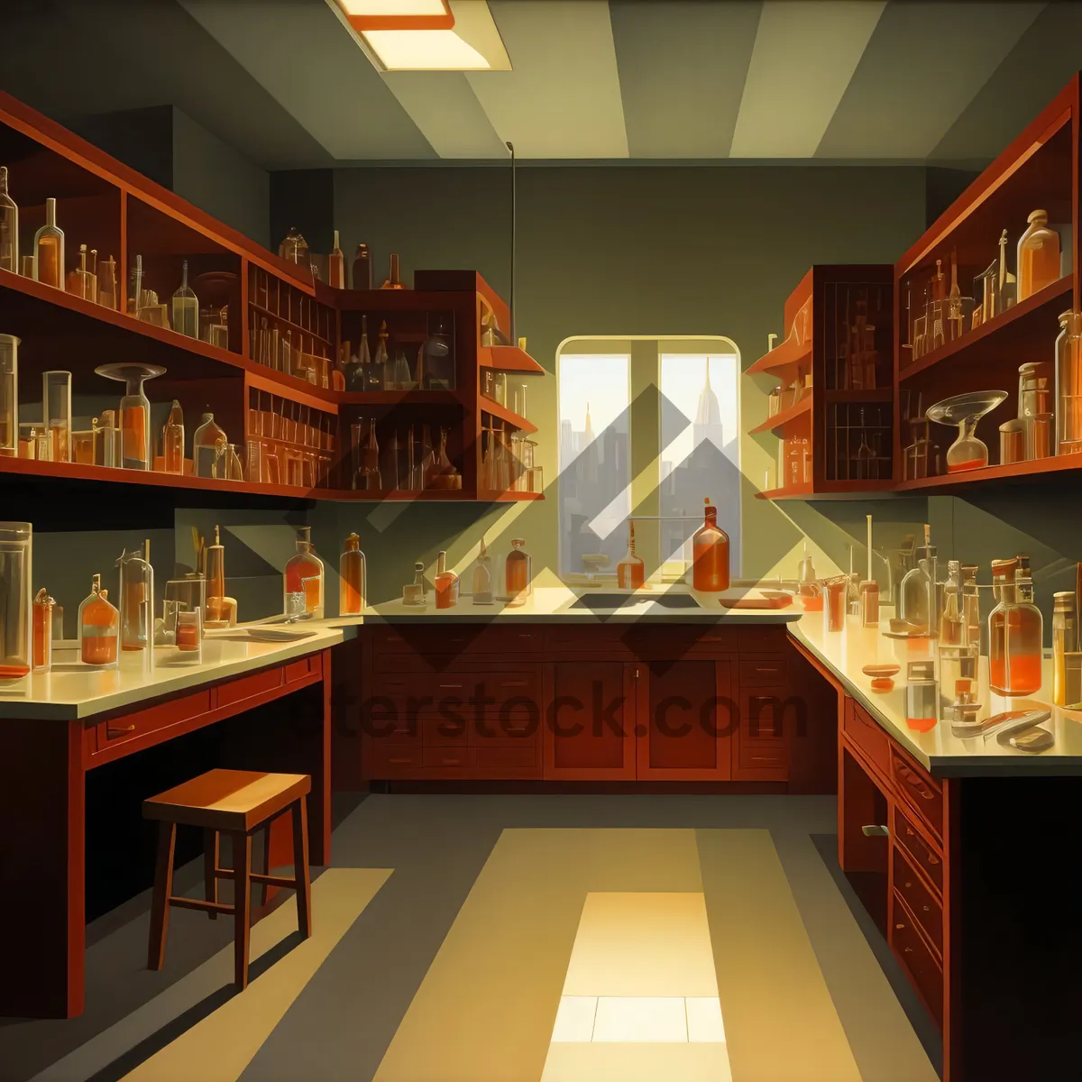 Picture of Modern home library interior with table and bookshelf