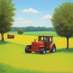 Yellow Tractor Working in Rural Farm Field