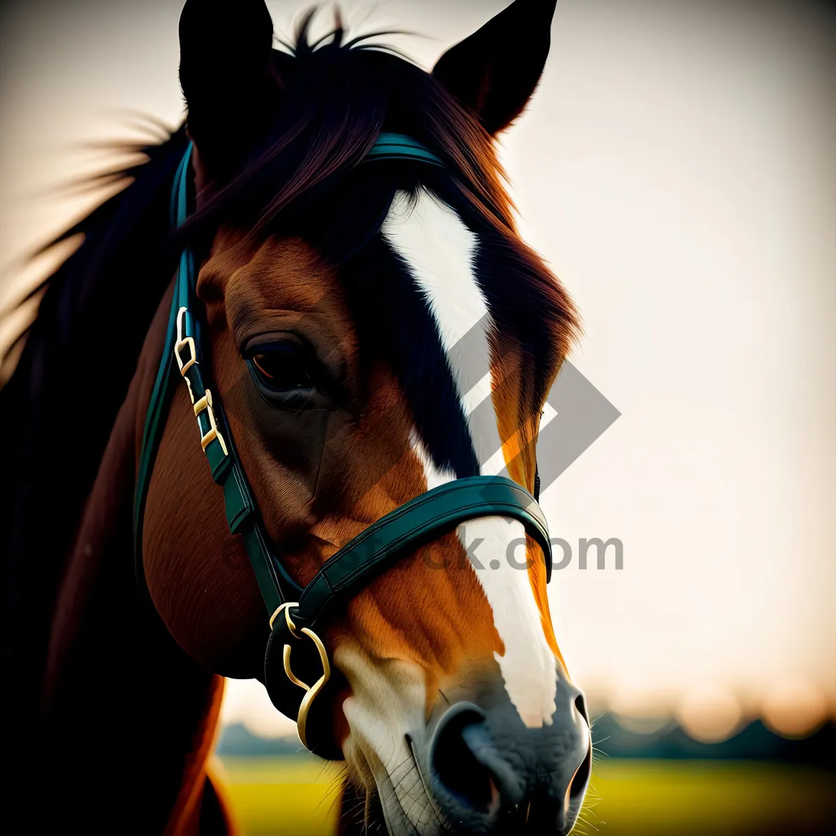 Picture of Stunning Thoroughbred Stallion with Bridle in Equestrian Portrait