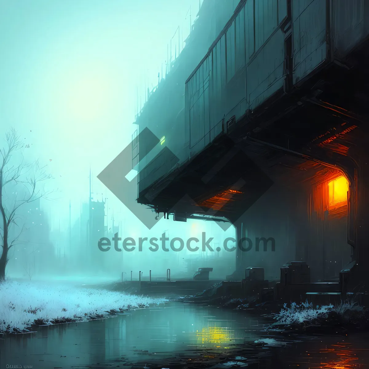 Picture of City Skyline at Dusk with Iconic Bridge and Water Reflection