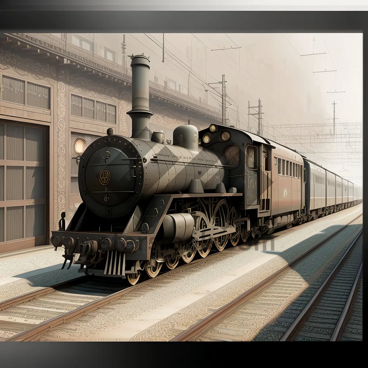 Picture of Vintage Steam Train on Railway Tracks