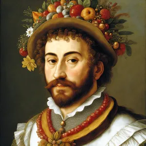 Smiling comedian wearing a crown and vestment