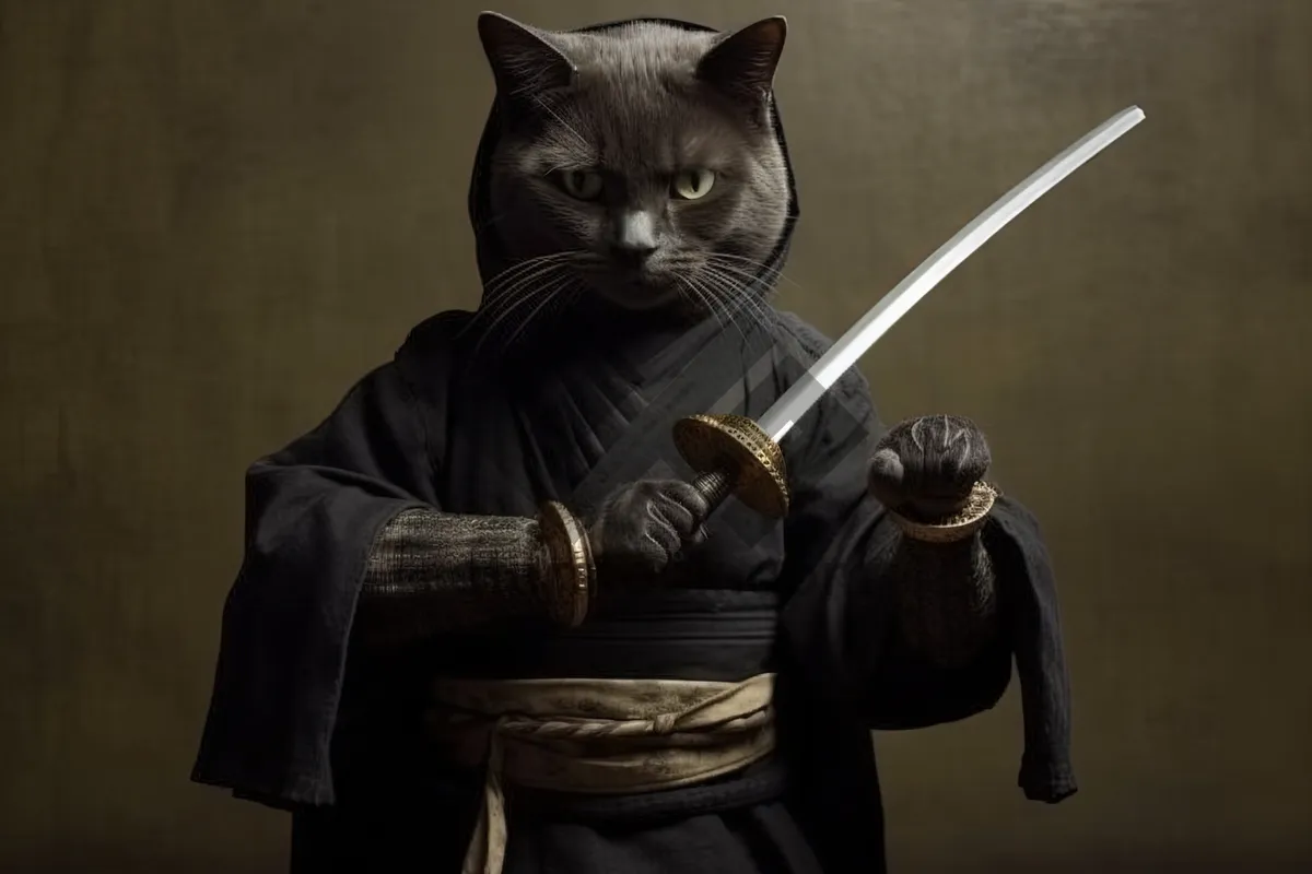 Picture of Adorable black cat with piercing eyes holding sword