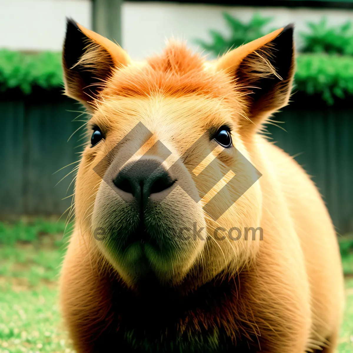 Picture of Young brown colt grazing in a rural pasture.