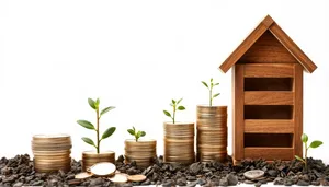 Wooden pot with green plant and money coins