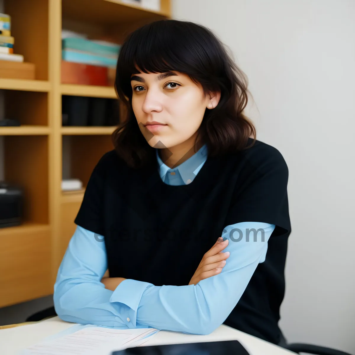 Picture of Attractive businesswoman working on laptop in office smile