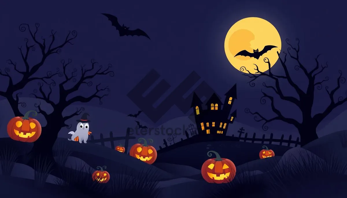 Picture of Halloween Night Silhouette with Moon and Bat